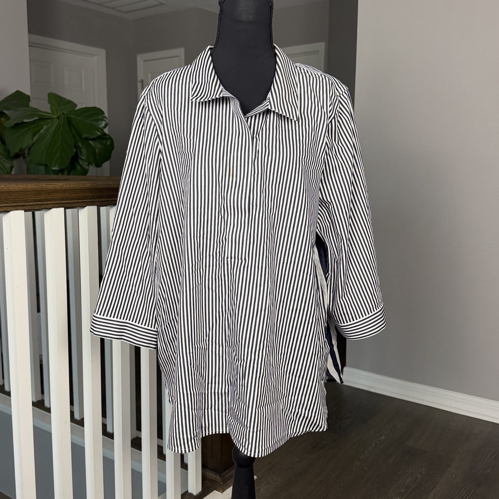 Chicos No Iron Stretch Striped 3/4 Sleeve Top 3 US XL Coastal Nautical Preppy